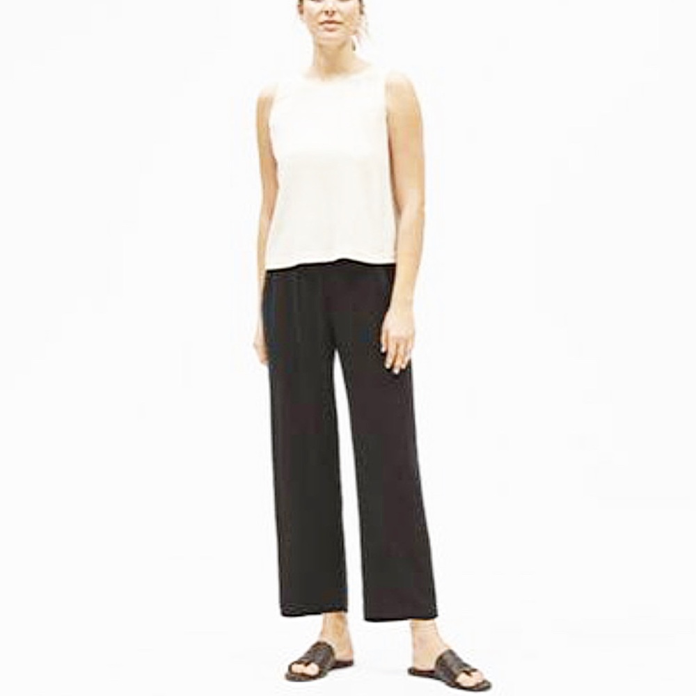 EILEEN FISHER 100% SILK BLACK STRAIGHT CROPPED PANT Size Large NWT